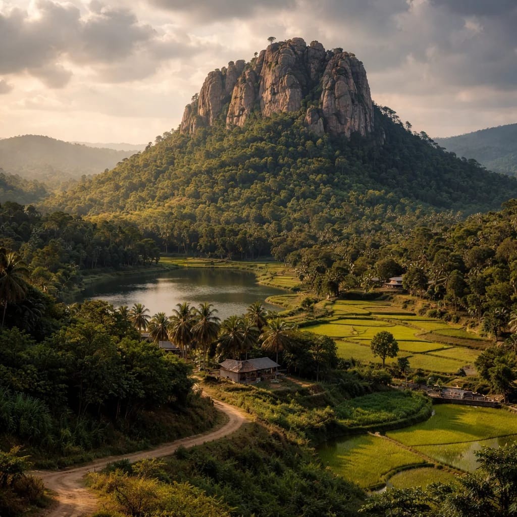 Bhanwar Pahar viewpoint — 360-degree panorama of Simdega forested landscape from circular hill summit, Jharkhand